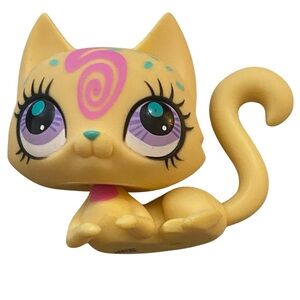 Littlest Pet Shop Yellow Swirl Cat Purple Eyes, Curled Tail G2 LPS